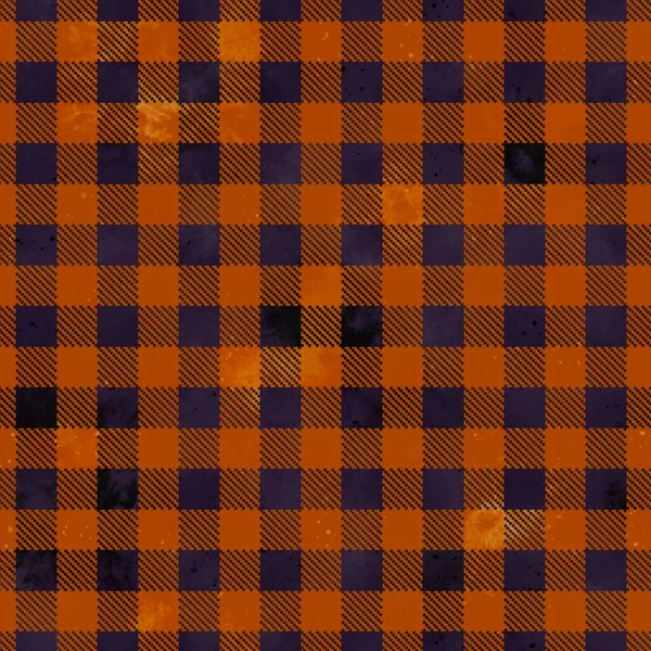 Buffalo plaid watercolor lumberjack tartan seamless pattern. Textile seamless background. Geometric square checks, black stripes on orange backdrop for Halloween decor, scrapbooking, digital paper — Stock Photo, Image