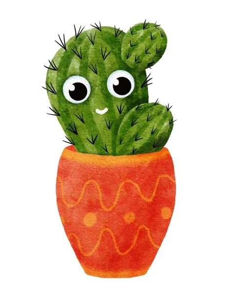 Cute cartoon cactus clip art illustration in flowerpot. Bright watercolor succulent with smiling face isolated on white. Handdrawn prickly green house plant for children stickers or baby design. — Stock Photo, Image