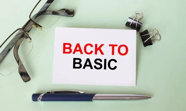 Text Back Basic Business Card Eyeglasses Pen Concept Photo — Stock Photo, Image