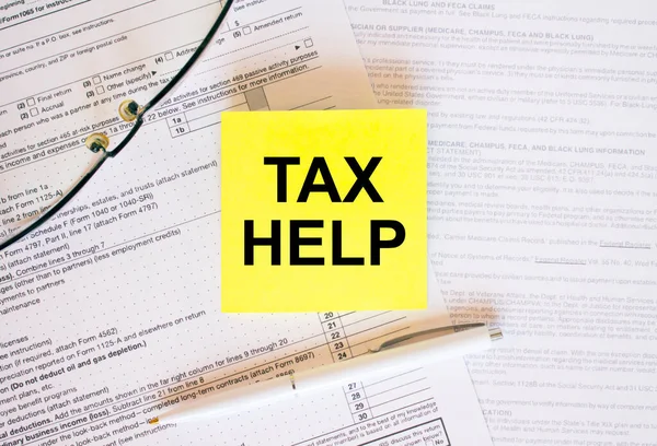 Yellow Sticker Text Tax Help Financial Docs Financial Concept — Stock Photo, Image