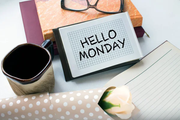 Office Table Supply Notepad Text Hello Monday Flower Coffe Cup — Stock Photo, Image