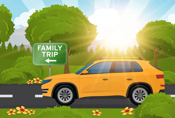 Letní rodinný výlet s velkým autem se sluníčkem — Stockový vektor