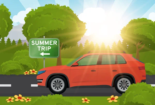 Viagem de família de verão com carro grande com sol — Vetor de Stock