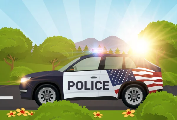 Voiture de police dans la nature avec vecteur de drapeau américain — Image vectorielle