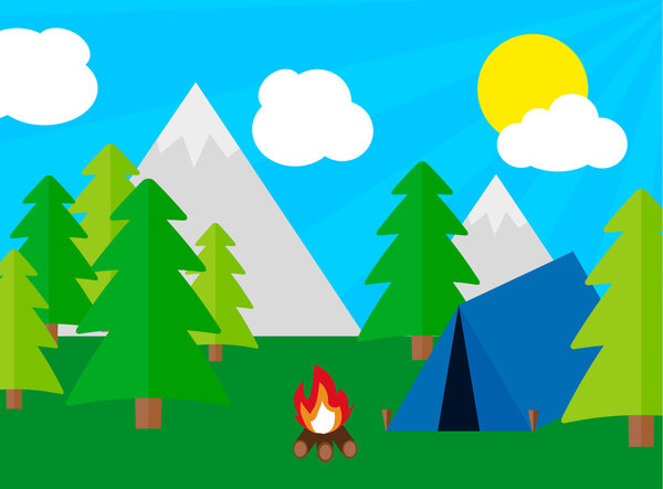Camping tourism concept with stan and campfire