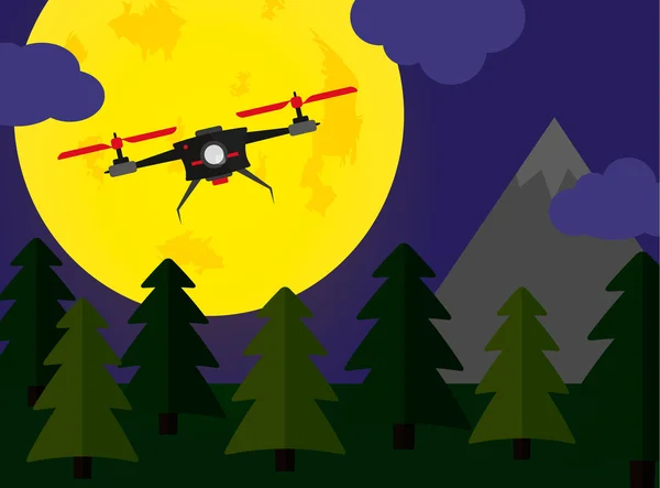 Flygande drone Nattbild skog — Stock vektor