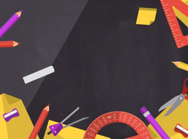 tahta arka plan ile Chool malzemeleri