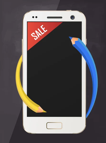 Kalemler ve satış etiketi ile Smartphone — Stok Vektör