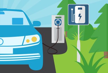 Bir elektrikli araba güç istasyonu ön görünüm portre, şarj