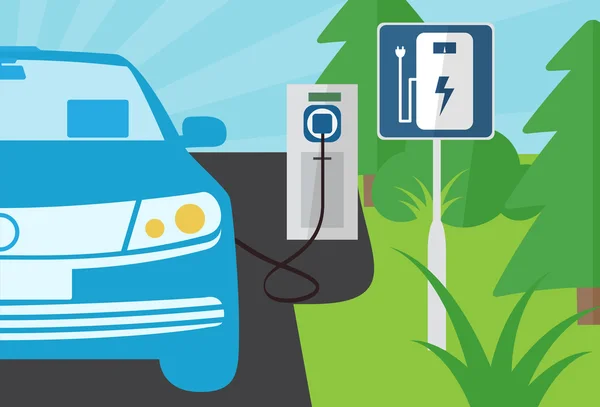 Bir elektrikli araba güç istasyonu ön görünüm portre, şarj