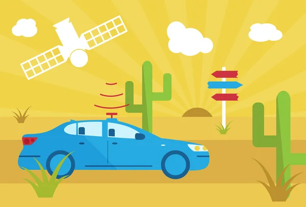 Selbstfahrendes Auto mit Navigationssensor und Satellit in der Wüste — Stockvektor