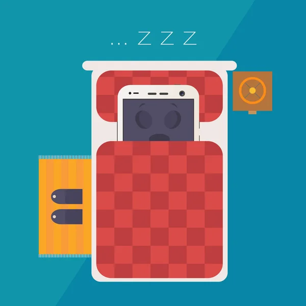 Smartphone tidur di tempat tidur desain datar - Stok Vektor