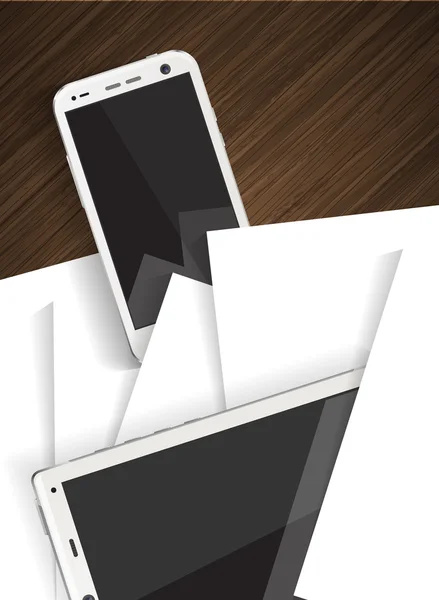 Smartphone a tablet na dřevěný stůl s papírem — Stockový vektor