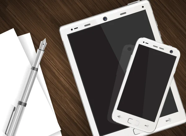 Smartphone y tablet en mesa de madera con papel y pe — Archivo Imágenes Vectoriales