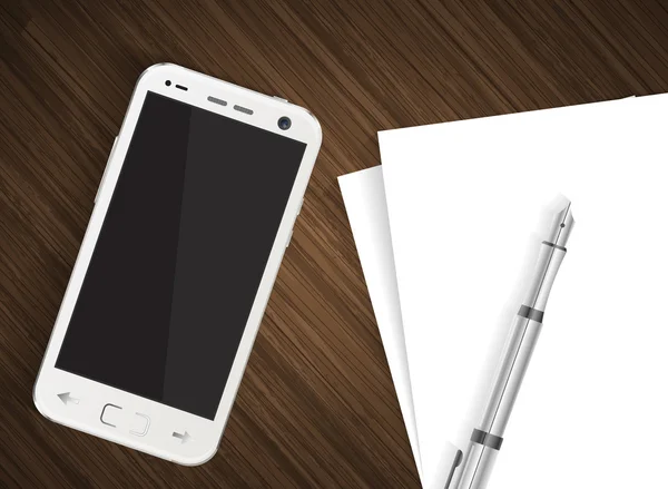 Smartphone na drewnianym stole z papieru i długopis — Wektor stockowy