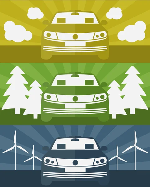 Conjunto de pancartas con un coche eléctrico usando energía limpia v — Vector de stock