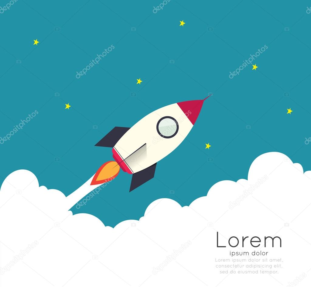 Rocketship on computer for startup media.