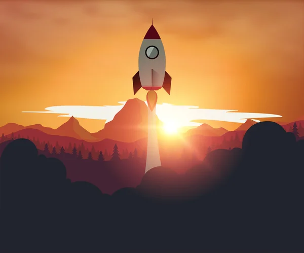 Rocketship on computer for startup media. — Stock Vector