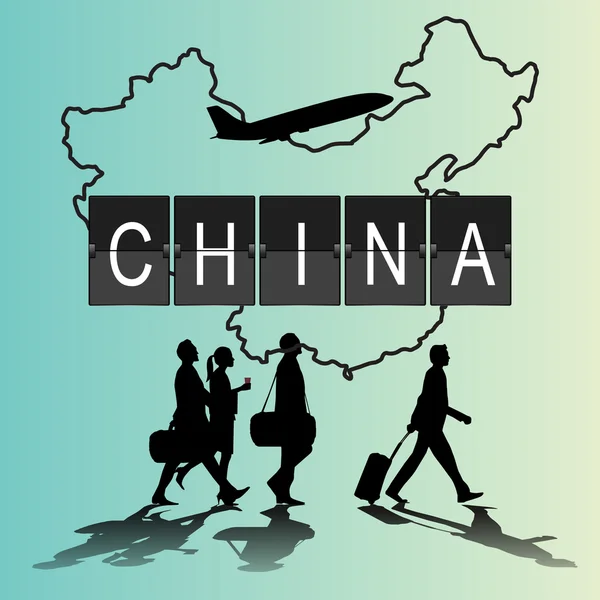 Γράφημα σιλουέτα άτομα στο αεροδρόμιο για την πτήση Κίνα — Διανυσματικό Αρχείο