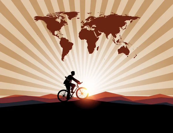 Businessman ride bicycle with worldman on mountain background. — Stock Vector