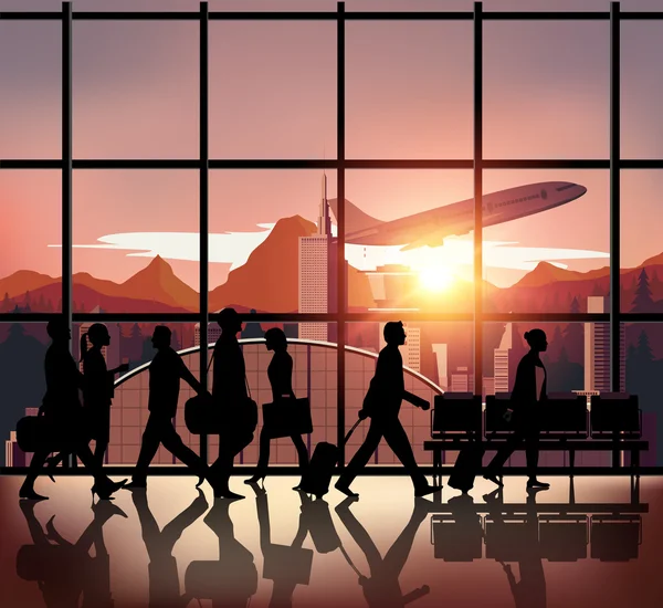 Silhouet mensen op luchthaven achtergrond. — Stockvector