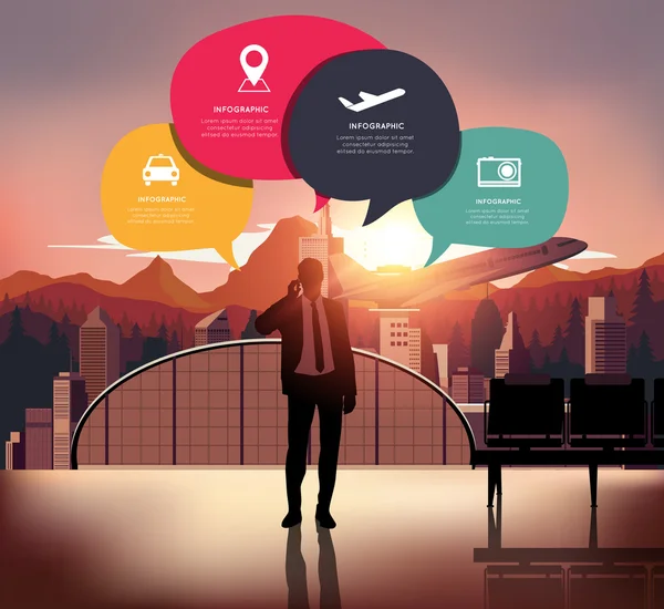 Infographic met silhouet mensen op luchthaven achtergrond. — Stockvector