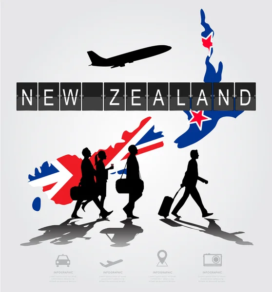 Pessoas de silhueta infográfica no aeroporto para Nova Zelândia fli — Vetor de Stock