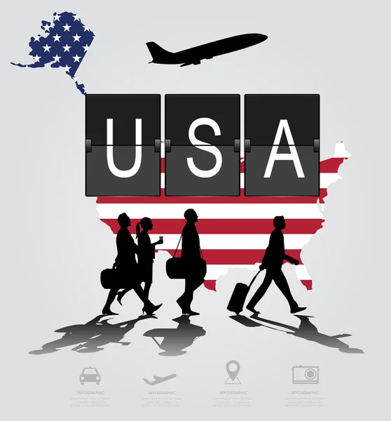 Infographic siluet insanlar ABD için havaalanında. Uçuş — Stok Vektör