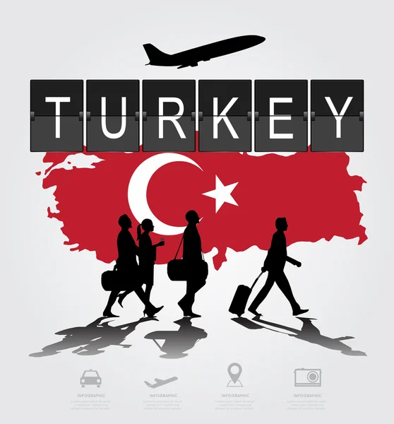Infographic siluet insanları Türkiye'de uçuş için havaalanında — Stok Vektör
