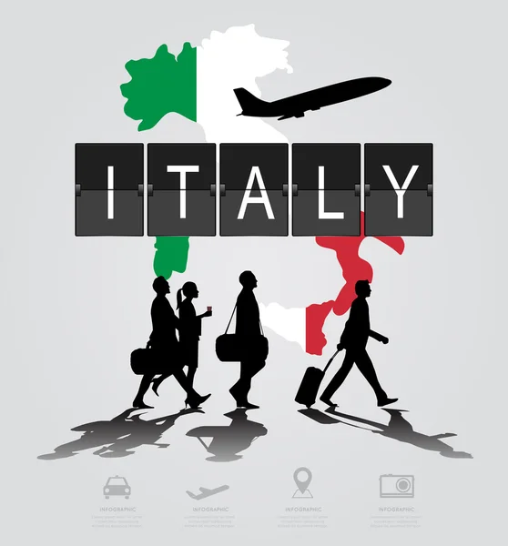 Infographic silhouet mensen op de luchthaven voor de vlucht van Italië — Stockvector