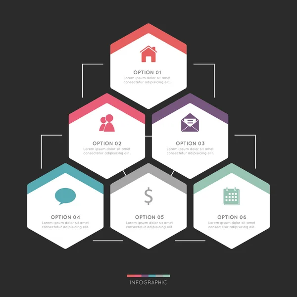 Infográfico de hexágono moderno para 6 passos . — Vetor de Stock