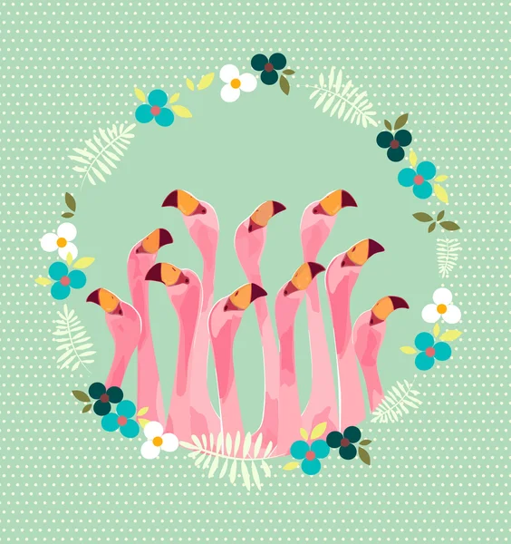 Flamingo com flores tropicais fundo — Vetor de Stock