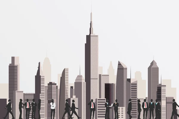 Siluetas de gente de negocios con edificio de rascacielos en backd — Vector de stock