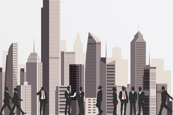 Siluetas de gente de negocios con edificio de rascacielos en la espalda — Archivo Imágenes Vectoriales