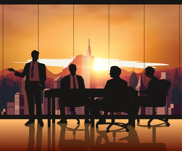 Business meeting with sunset background — Stock Vector