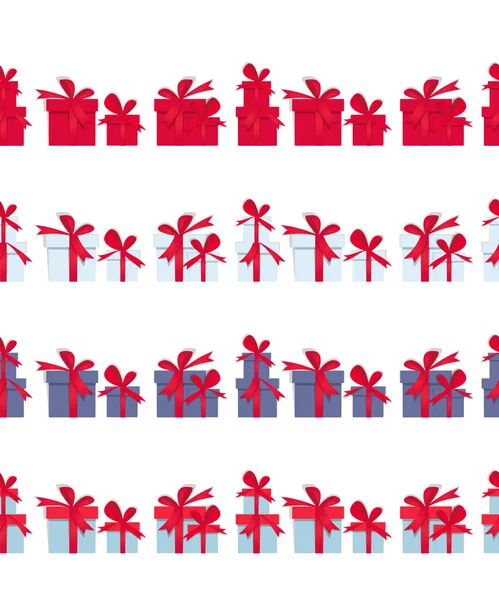 Vánoční dárky. Horizontální dlouhý bezešvý vzor s ručně kresleným nápisem Veselé Vánoce. Vánoční dárky v papírovém stylu. Modré dárky s červenými mašlemi a stuhami. Nápis - internetové stránky — Stockový vektor