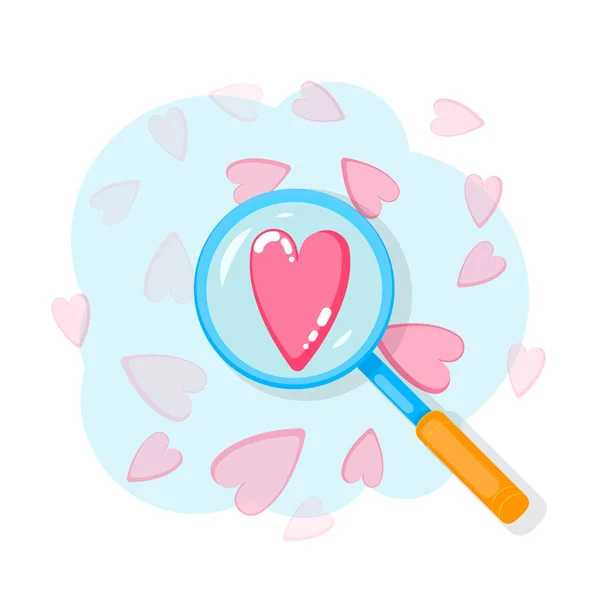 Search heart and find love with magnifying glass with heart inside. Dating illustration of dating application or site on mobile phone. Social network — Stock Vector