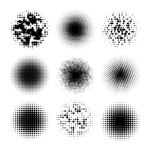 Cirkel halvton. Abstrakta prickiga cirklar, runda halvftoner geometriska prickar lutning och popkonst konsistens. Dot spraygradering vektor uppsättning. Illustration halvtonsgradient fläckig, effekt rund Royaltyfria illustrationer