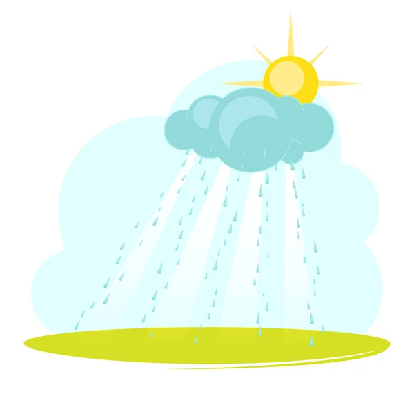 Paisaje de fantasía con nubes y lluvia. Día de verano en el campo. Un día lluvioso. Lindo estilo de dibujos animados. Ilustración vectorial para un diseño hermoso. — Vector de stock