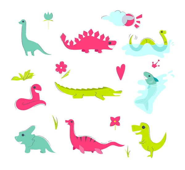 Hand drawn dinosaurs, tropical leaves and flowers. Cute dino design elements. Vector illustration. — Stock Vector