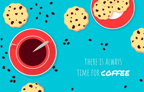 Vector illustration, There is always time for coffee inspirational card. A cup of coffee and chocolate chip cookies — Stock Vector