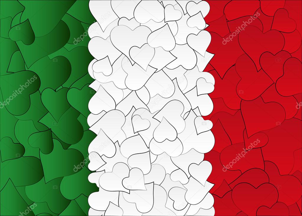 Hearts doodles hand drawn flag Italy, with love from italy, a lot of hearts