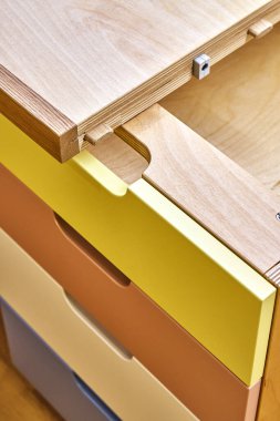 Montaj sırasında çok renkli çekmeceleri olan bir Hollywood masası. Yazı masasının parçası