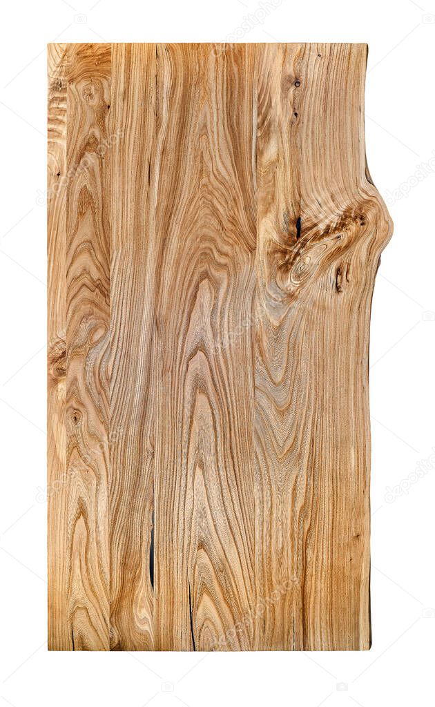 Live edge elm desk countertop on white background. Front view elm slab texture