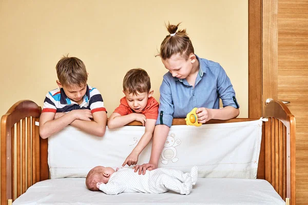 Happy elder brothers look carefully and touch gently lovely baby sibling wearing soft white body and lying in wooden crib