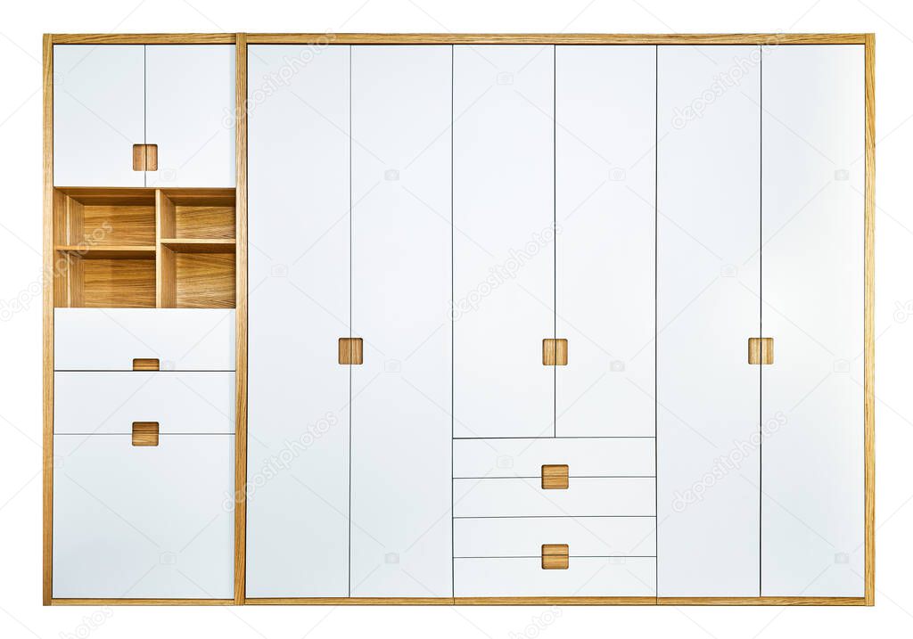 Modern wooden wardrobe with flat finger pull wardrobe doors isolated on white background. Oak veneered plywood cabinets with light gray painted cabinet doors. Modern furniture