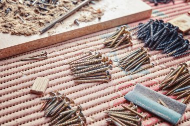 Modern kendi kendine dokunan vida yığınları boyutuna göre sıralanmış ahşap işi artıkları renkli kapak aşırı yakın görünüm ile tablo üzerinde