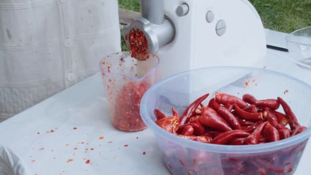 女人把辣椒磨成磨碎在磨床的特写 辣椒酱生产 — 图库视频影像