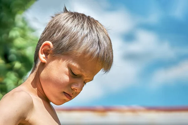 Arrabbiato Junior Schoolboy Con Bronzi Biondi Dei Capelli Ruvidi Posa — Foto Stock