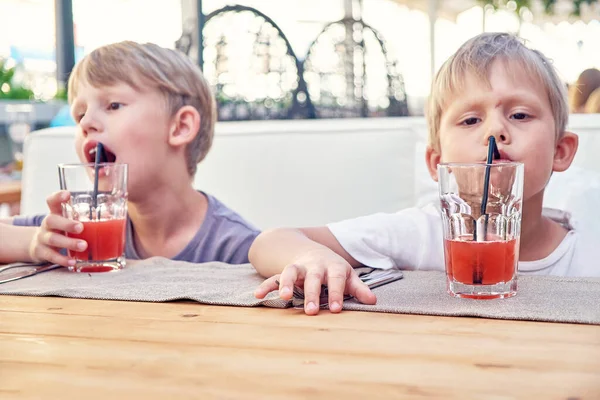 Mignons Petits Frères Blonds Boivent Jus Fraise Frais Avec Des — Photo